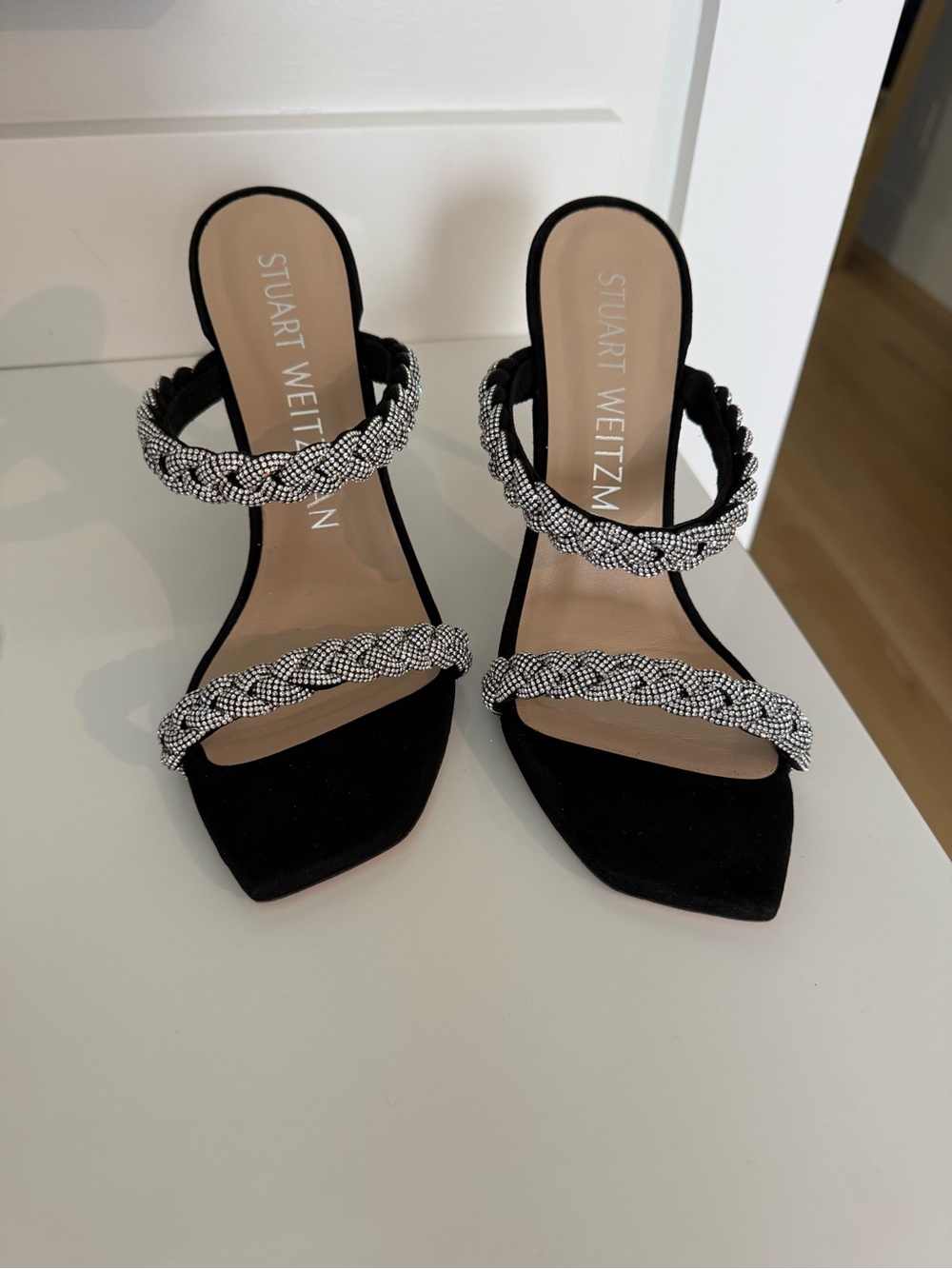 Stuart Weitzman Black Heels with Braided Crystal Straps, size 8. /37.5B